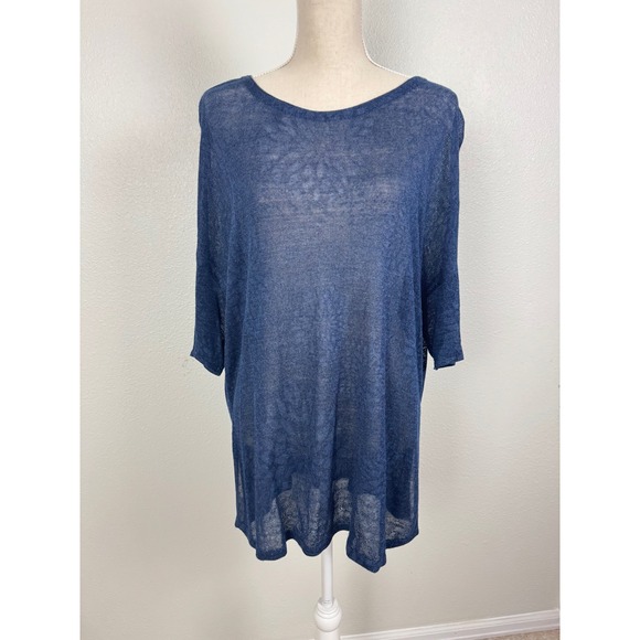 Pure Jill Tops - Pure Jill Womens Blue Linen Blend Sheer Knit Tunic Top Relaxed Oversized